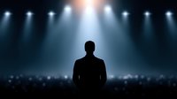Male performer silhouette on stage with dramatic spotlights and audience. Concert hall atmosphere with bright stage lighting for entertainment events.