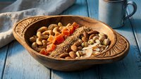 Wooden bowl filled with mixed nuts, dried fruits and seeds on rustic blue table. Healthy snacking, organic food concept for kitchen and dining designs.