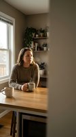 Thoughtful young woman enjoying morning coffee at kitchen table in cozy home interior with plants and natural light streaming through window.