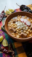 Traditional Mexican pozole soup with hominy corn, pork meat, radish slices and lime wedges served in clay bowl on colorful textile background.