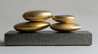 Golden pebbles arranged in balanced composition on rough textured gray stone platform against neutral background. Minimalist zen concept for spa and wellness.