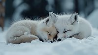 Two arctic foxes sleeping close together in white winter snow, showing tender moment between wild animals in their natural habitat during cold season.