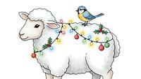 Adorable white sheep decorated with colorful Christmas lights and blue bird perched on back for holiday greeting cards and seasonal designs.