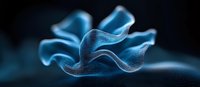 Glowing blue translucent waves form abstract flowing shapes against dark background, creating ethereal movement and dynamic energy visualization for modern design projects.