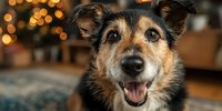 Happy mixed breed dog with black and tan markings smiling at camera with festive bokeh lights in background, creating warm holiday atmosphere.