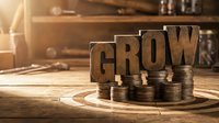 Wooden letterpress blocks spelling GROW surrounded by stacked coins on rustic table with warm sunlight, symbolizing financial growth and investment success.