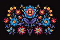 Vibrant folk art floral composition with blue, pink and orange blooms on black background. Traditional ornamental pattern with symmetrical arrangement and decorative leaves.