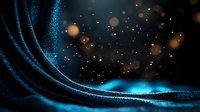 Magical glowing particles flow in curved lines against dark background, creating ethereal blue light trails with golden bokeh effects floating in space.