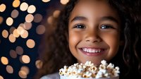Young African American girl with curly hair holding popcorn and smiling brightly against blurred festive bokeh lights background, expressing joy and happiness.
