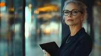 Confident mature businesswoman with glasses holding digital tablet in modern office corridor with blurred lights background.