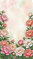 Watercolor peony border frame with pink, coral and white blooms on soft pastel background, copy space for wedding, greeting card design.