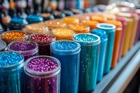 Colorful glitter in transparent containers arranged in rainbow order, showing vibrant sparkly craft supplies from purple to blue, orange and yellow. Macro photography.