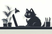 Silhouette of curious black cat sitting at desk with laptop, potted plants, desk lamp and pencil holder on white background, isolated clipart for design projects.