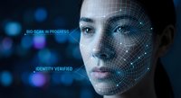 Young woman face with digital grid overlay for biometric identification and facial recognition technology security system verification process.