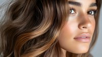 Young woman with wavy brown hair and natural makeup showcasing healthy glowing skin and modern hairstyle for beauty and wellness concepts.
