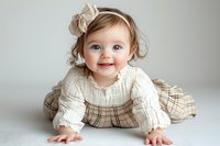 Smiling baby girl in vintage style plaid dress and floral headband crawling on white background, natural light portrait capturing innocent childhood joy.