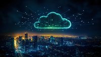 Glowing neon cloud symbol over night cityscape with digital network connections, representing cloud computing and smart city technology integration period.