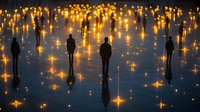 Silhouettes of people standing among glowing golden lights reflected on wet surface creating magical atmosphere. Dramatic night scene with light installation.