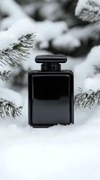 Black glass perfume bottle in snow with pine branches, winter luxury fragrance concept in monochrome style, minimalist composition for cosmetic advertising.