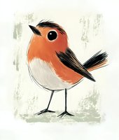 Charming orange and black robin illustration with minimalist brushstroke style on textured background, suitable for greeting cards and children's decor.