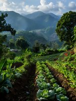 Scenic mountain vegetable farm with rows of fresh cabbage growing on terraced fields, surrounded by lush tropical forest and misty peaks perfect for agriculture and nature concepts.