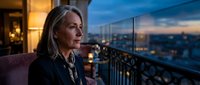Professional blonde businesswoman in elegant attire gazing thoughtfully from luxury hotel balcony at twilight city skyline with warm ambient lighting.
