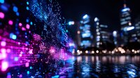 Digital technology wave with glowing purple and blue data particles flowing over blurred night cityscape and water reflection, representing smart city concept.