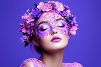 Woman wearing ornate purple lace mask and floral crown with pink and purple flowers against vibrant purple background, eyes closed in dreamy expression. Fashion portrait.