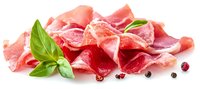 Fresh sliced prosciutto ham garnished with green basil leaves and peppercorns on white background, traditional Italian cured meat delicacy for appetizers.