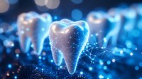 Glowing digital tooth with network connections on blue bokeh background showcases modern dental technology and oral healthcare innovation in futuristic style.