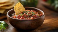 Fresh homemade salsa with diced tomatoes, onions, cilantro in wooden bowl, tortilla chip dipped in traditional Mexican appetizer on rustic wooden table.