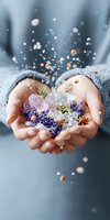 Female hands holding crystals, lavender flowers, and star anise with magical sparkles and bokeh effects against soft blue background, creating mystical atmosphere.