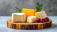 Gourmet cheese board featuring variety of artisanal cheeses, fresh rosemary sprigs and red grapes arranged on rustic wooden slice against gray background.