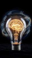 Glowing brain filament inside light bulb with digital technology symbols representing innovation, artificial intelligence, creativity and bright ideas concept.