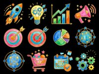 Startup business success icons set with rocket, lightbulb, growth chart, megaphone, target, pie chart, globe, shopping cart, calendar and gears isolated on transparent background for design projects.