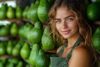 Young Caucasian woman with wavy blonde hair wearing green apron smiles warmly while standing next to fresh lime display at farmers market or grocery store.