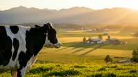 Black and white dairy cow grazing in green pasture at sunset with mountain landscape and farm buildings in background for agriculture concepts.