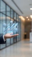 Businessman hand displaying holographic business growth charts and success metrics in modern office environment for corporate presentations.