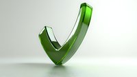 Green transparent checkmark symbol on white background, glossy finish with reflection and shadow effect for approval and success concepts.