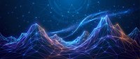 Digital mountain landscape with glowing neon wireframe peaks in blue and orange colors against starry night sky for technology and futuristic design projects.