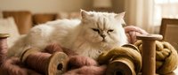 Fluffy white Persian cat lounging on pink knitted blanket with wooden spools, cozy home interior setting for pet lifestyle content.