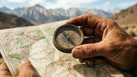 Senior male with tan skin holding compass over topographic map with mountain landscape in background, representing navigation, exploration, travel planning and outdoor adventure activities.