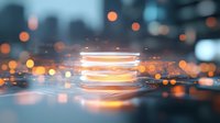 Glowing orange light rings with bokeh effect on reflective surface against blurred urban background create futuristic technological atmosphere.