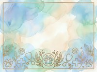 Watercolor background with paw prints, crosses, and botanical elements in soft blue, green, and cream tones. Isolated design on transparent background, ready for pet-related projects, greeting cards, and merchandise applications.