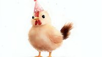 Adorable white chicken wearing pink party hat, soft watercolor style artwork on isolated background for greeting cards and festive designs.