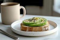Sliced avocado on whole grain toast with sesame seeds served on white plate with coffee cup for healthy breakfast meal.