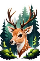 Artistic illustration of a gentle deer with majestic antlers against mystical forest background, perfect for children's books, nature-themed designs or wildlife art projects.