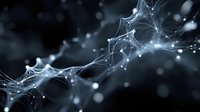Glowing neural network visualization with interconnected nodes on dark background, representing artificial intelligence or digital connectivity.