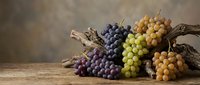 Bunches of dark purple, green, and golden grapes arranged on rustic wooden surface with dried grapevine branches, suitable for food photography, wine industry marketing, and harvest-themed designs.