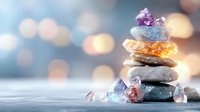 Balanced stack of zen stones with healing crystals on blurred bokeh background, soft pastel colors create peaceful spa atmosphere.